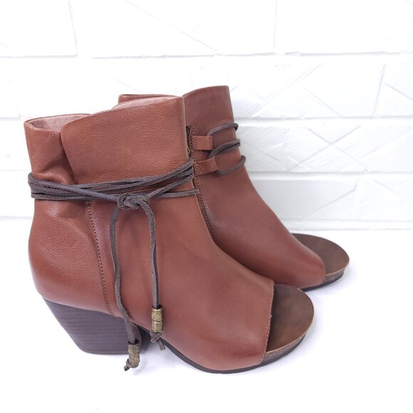 OTBT Vagabond Chestnut Brown Leather Open Toe Booties Wrap Ankle Detail 8 - Picture 2 of 9
